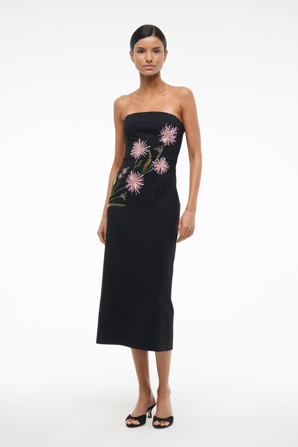 BROOKE DRESS DAHLIA DAYDREAM BLACK - STAUD US