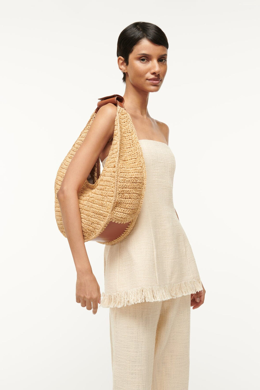 LARGE RAFFIA MOON TOTE BAG NATURAL TAN - STAUD for sale