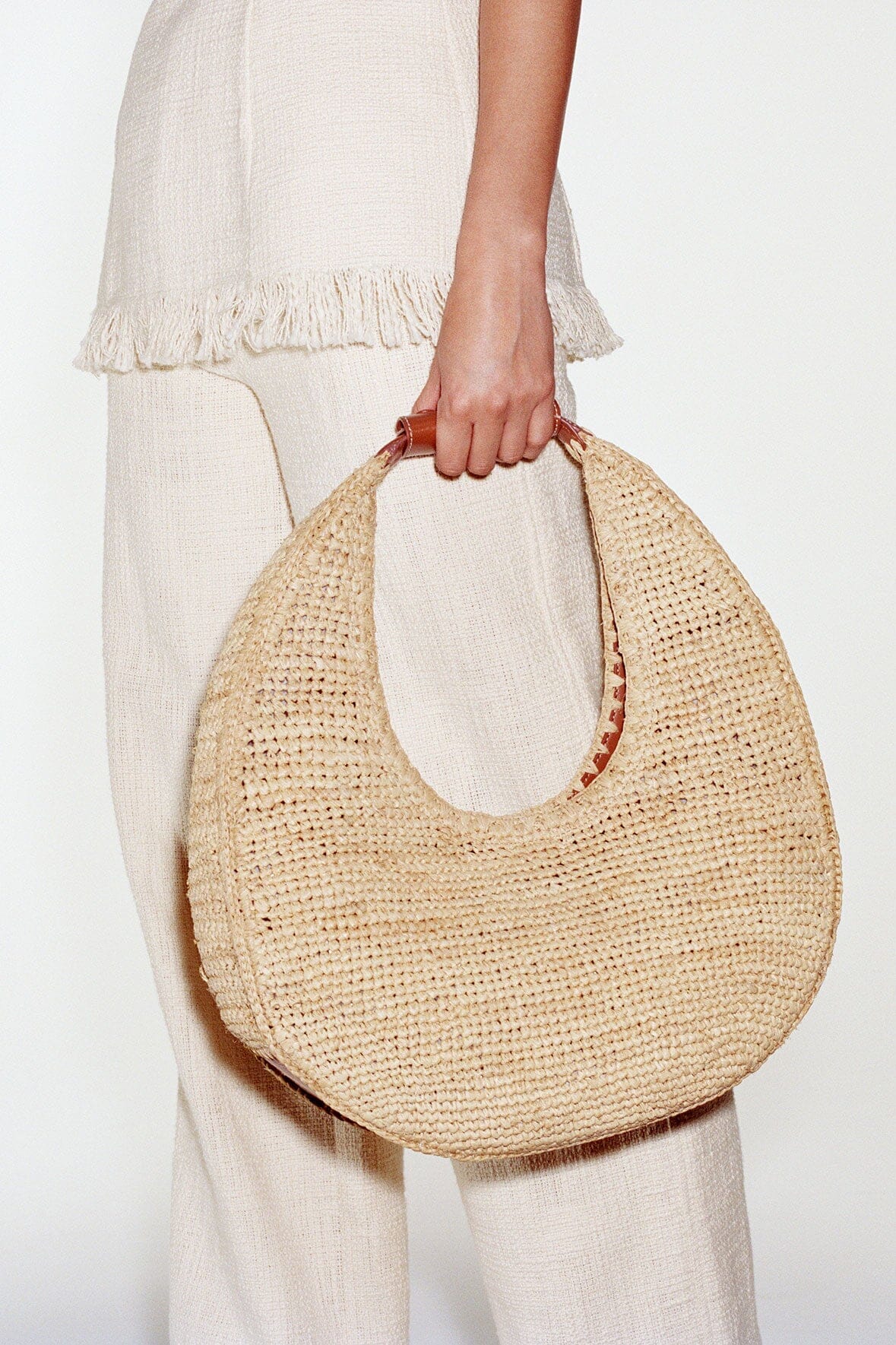 LARGE RAFFIA MOON TOTE BAG NATURAL TAN - STAUD for sale