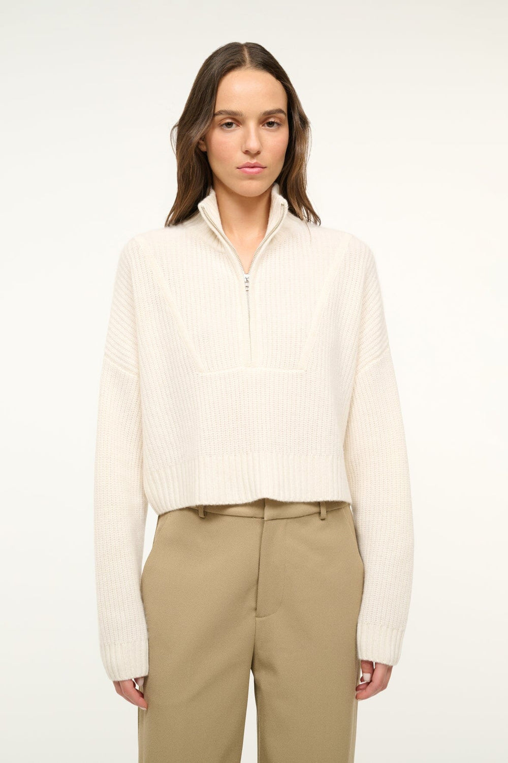 CASHMERE CROPPED HAMPTON SWEATER IVORY - STAUD sale