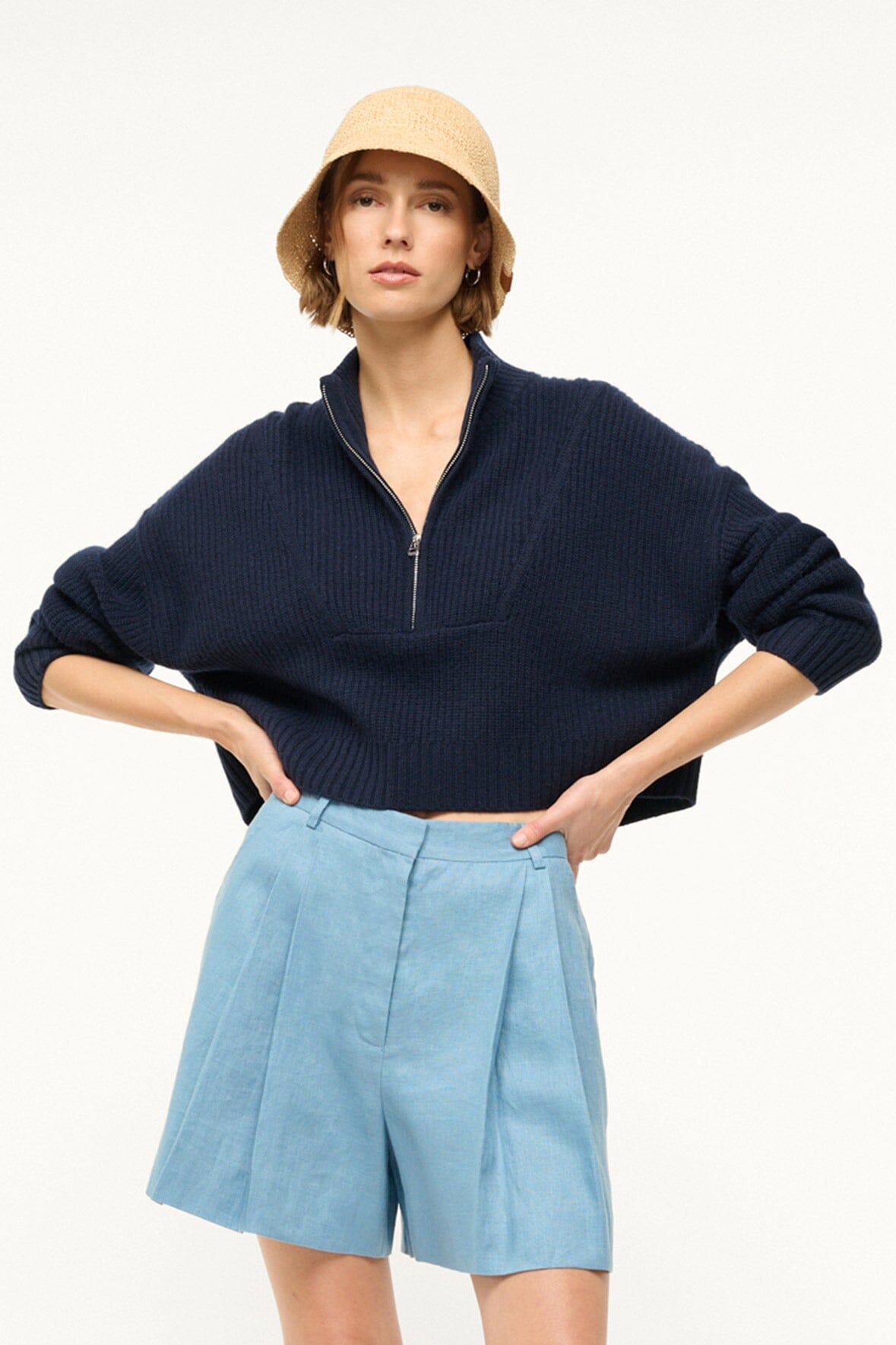 CASHMERE CROPPED HAMPTON SWEATER NAVY - STAUD for sale