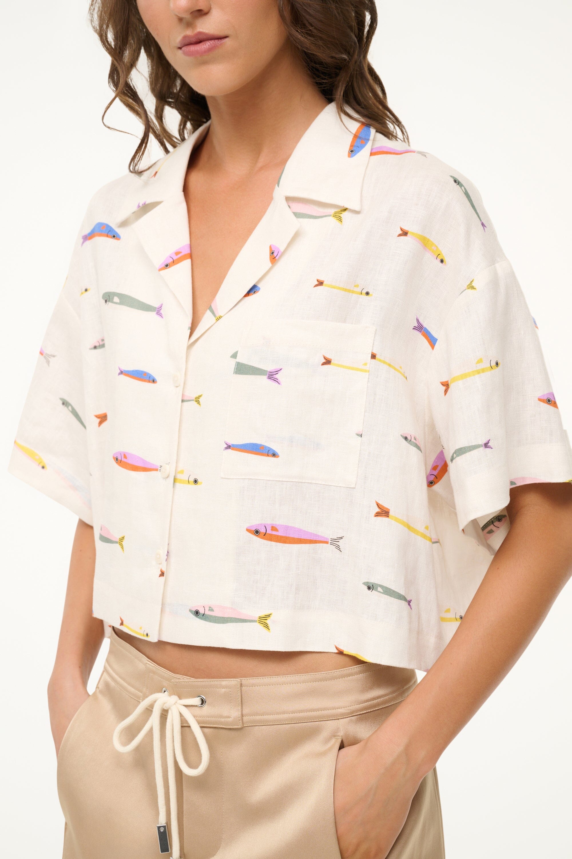 DAYA LINEN TOP POP SARDINES IVORY - STAUD sale