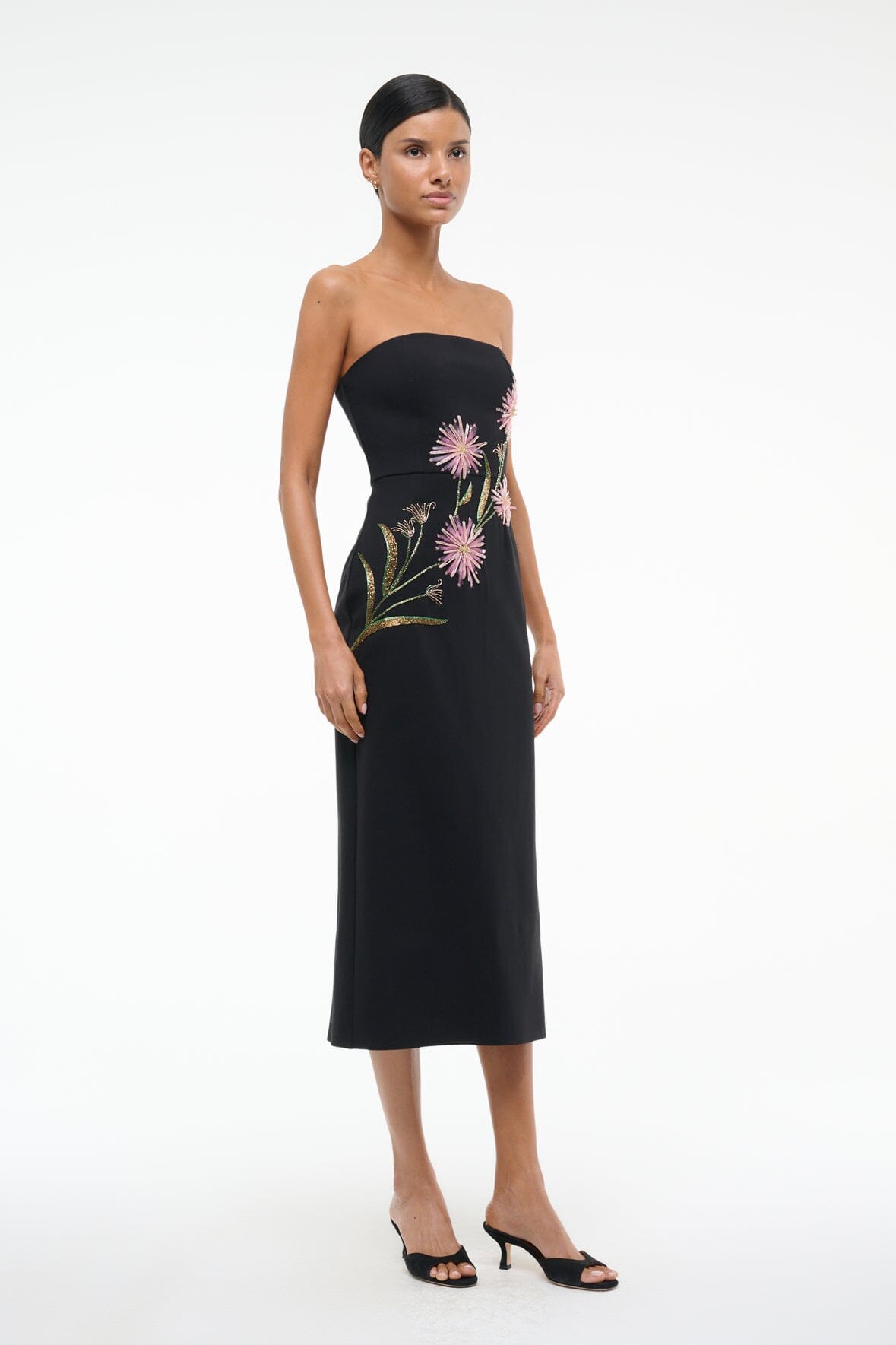 BROOKE DRESS DAHLIA DAYDREAM BLACK - STAUD US