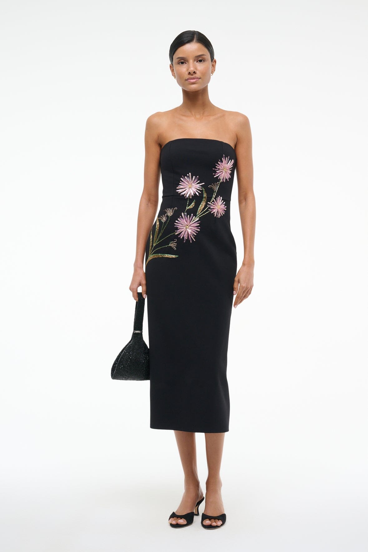BROOKE DRESS DAHLIA DAYDREAM BLACK - STAUD US