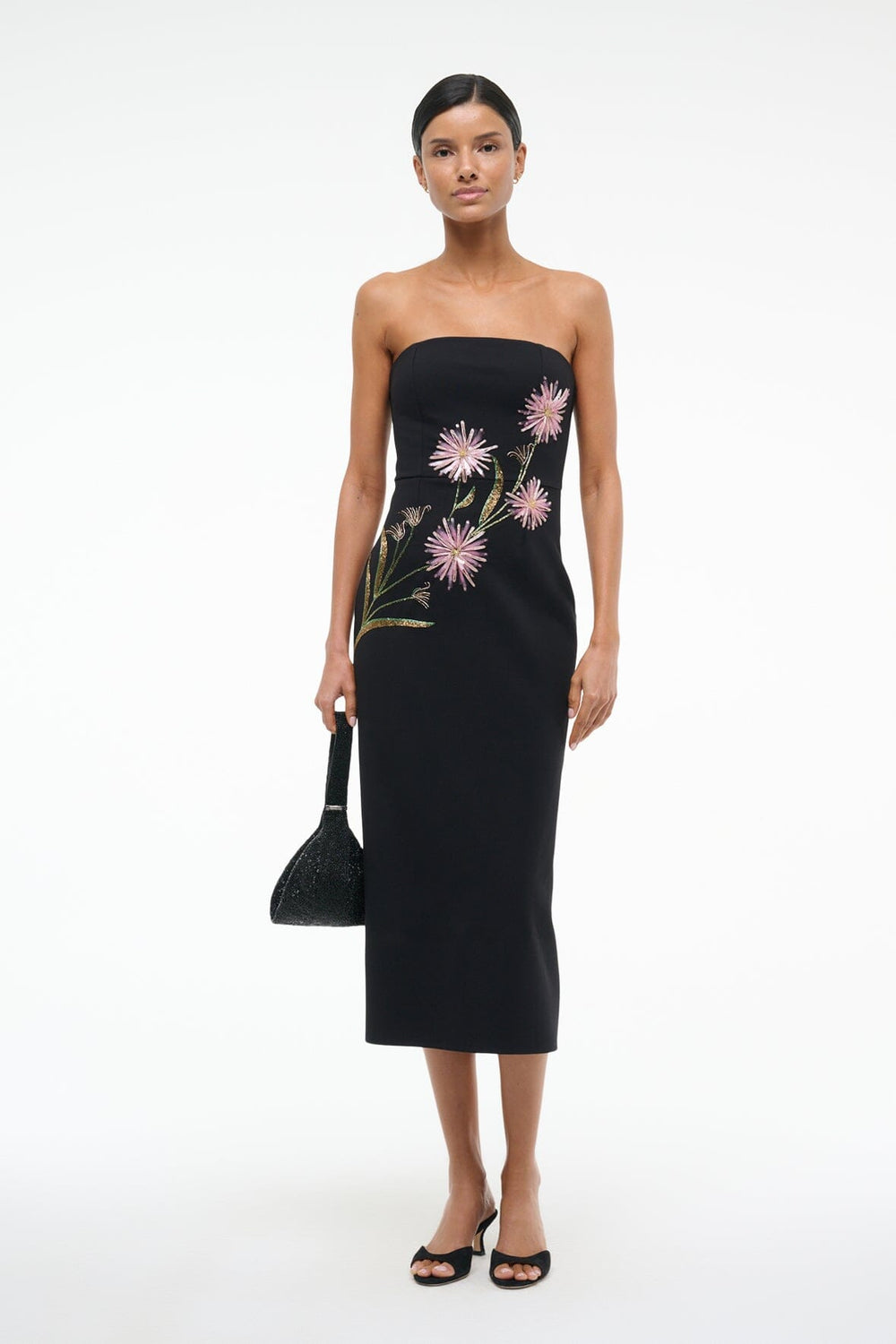 BROOKE DRESS DAHLIA DAYDREAM BLACK - STAUD US
