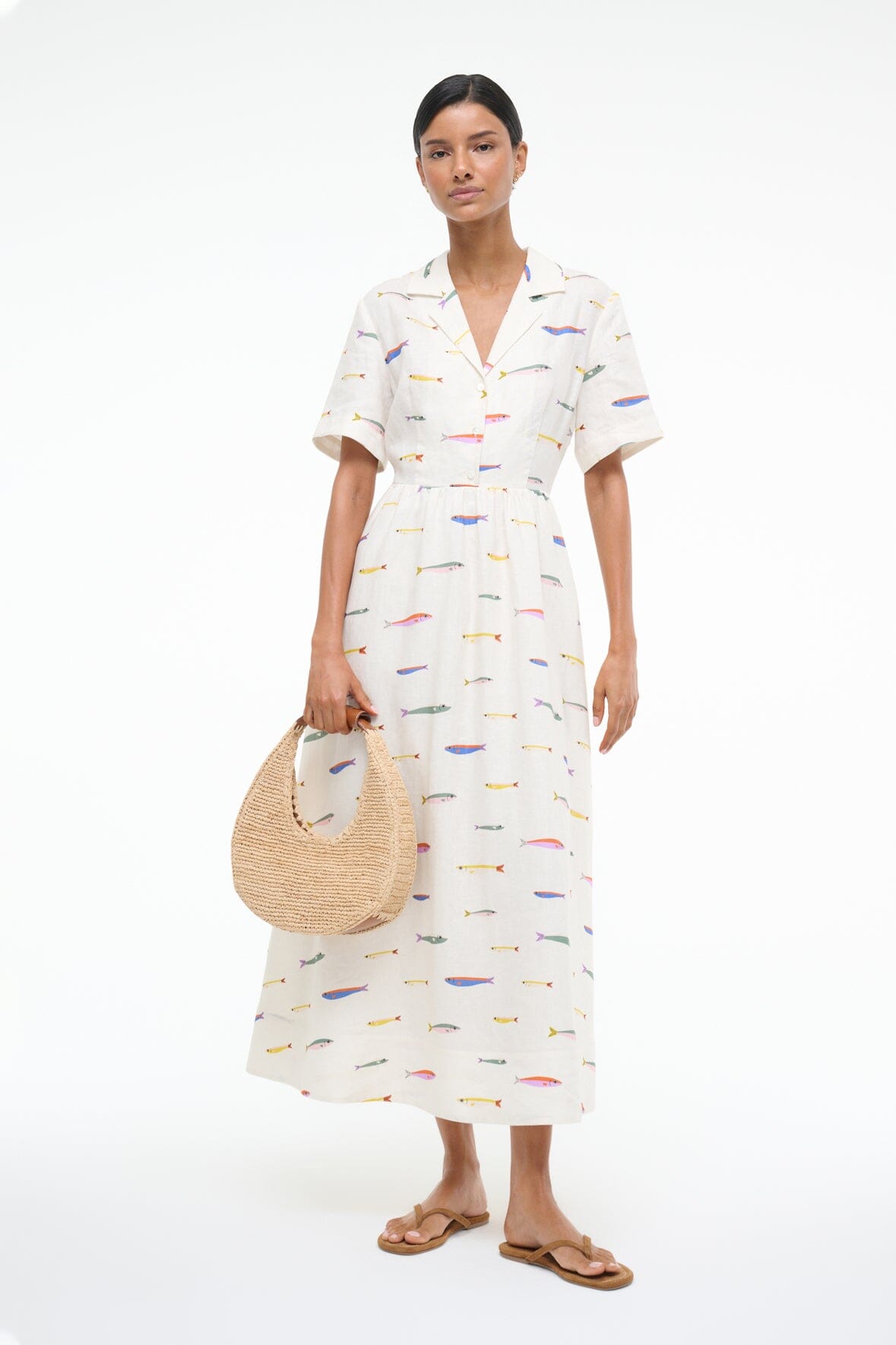 MERYL LINEN DRESS POP SARDINES IVORY - STAUD for sale