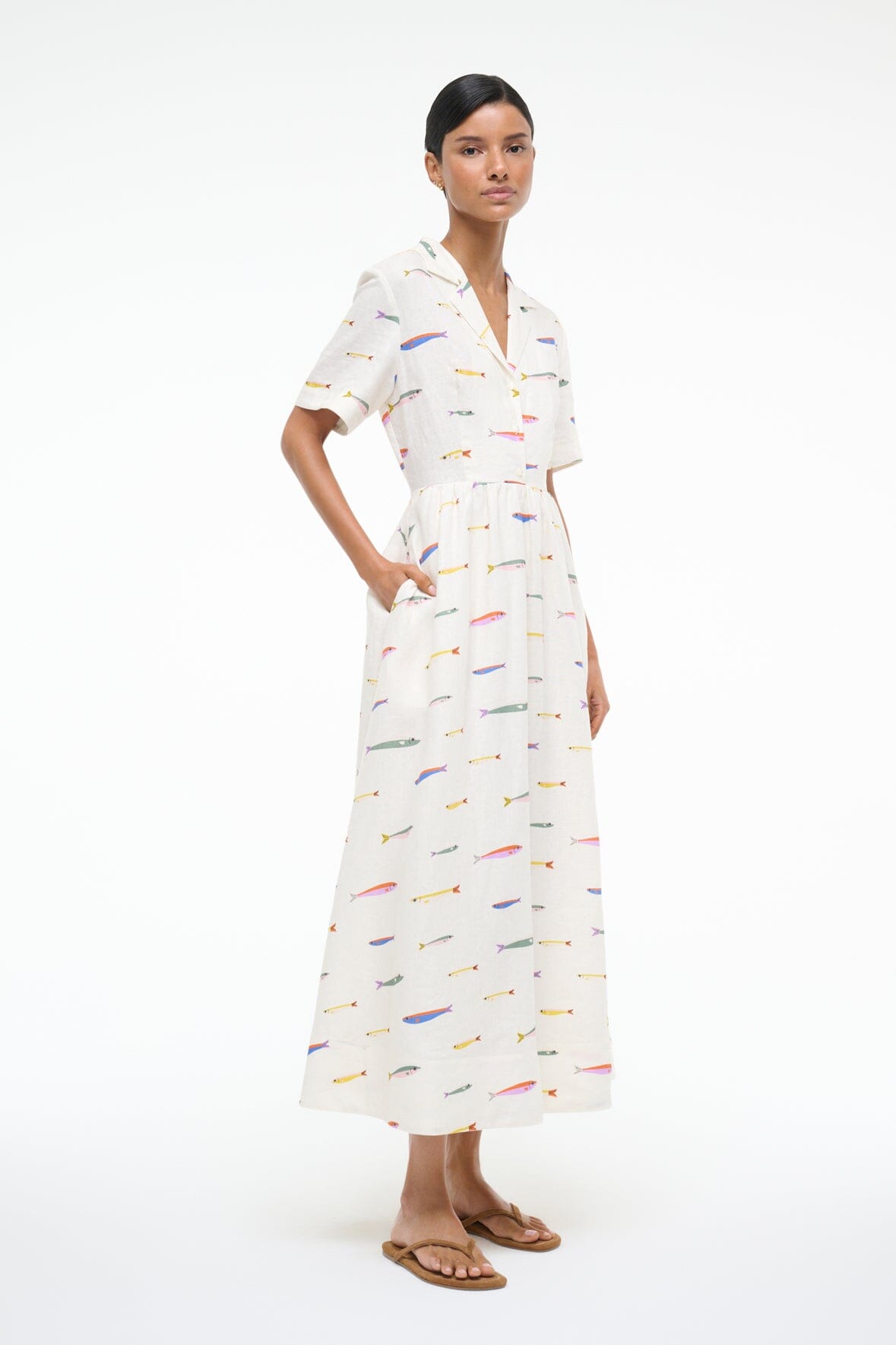 MERYL LINEN DRESS POP SARDINES IVORY - STAUD for sale