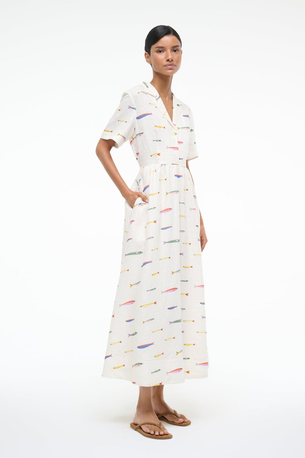 MERYL LINEN DRESS POP SARDINES IVORY - STAUD for sale