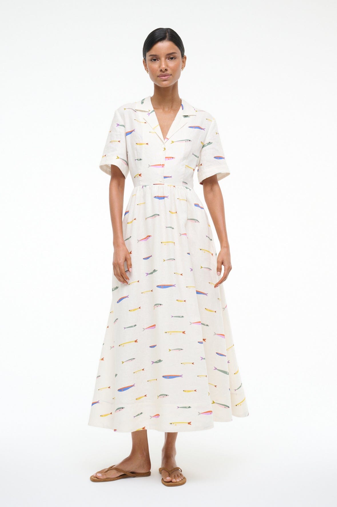 MERYL LINEN DRESS POP SARDINES IVORY - STAUD for sale