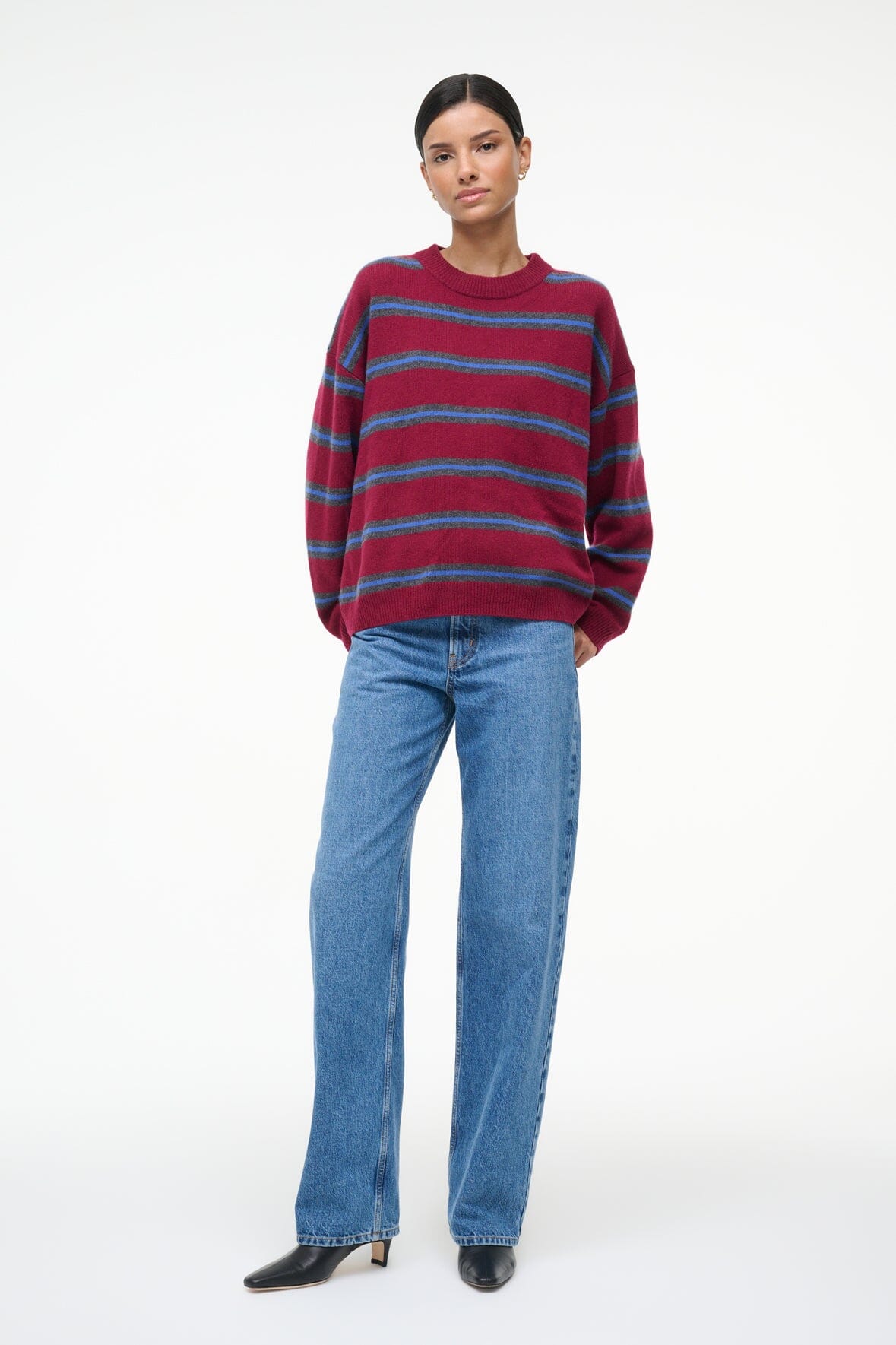 SERRANO CASHMERE RELAXED CREW CRIMSON STRIPE - STAUD for sale