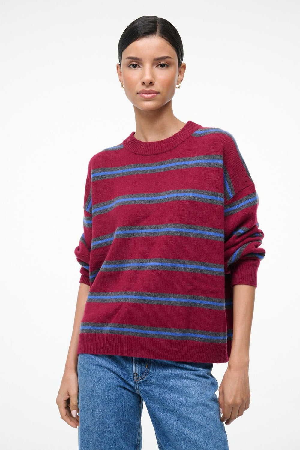 SERRANO CASHMERE RELAXED CREW CRIMSON STRIPE - STAUD for sale