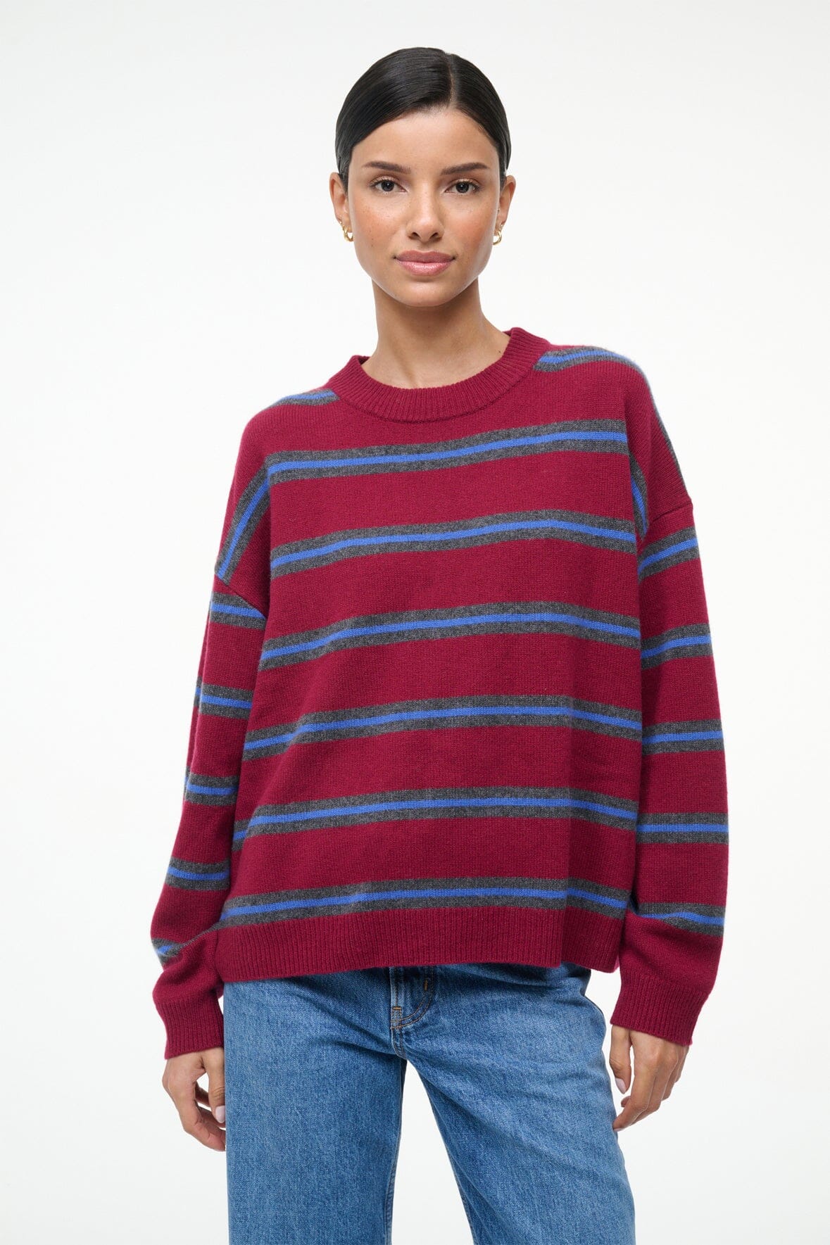 SERRANO CASHMERE RELAXED CREW CRIMSON STRIPE - STAUD for sale