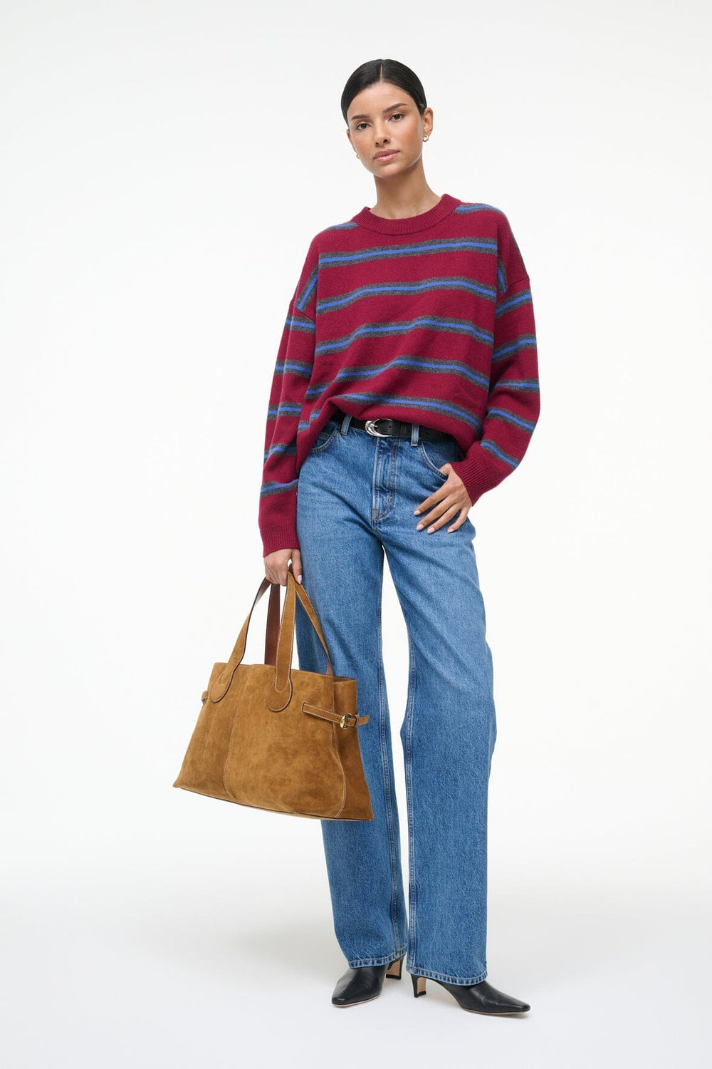 SERRANO CASHMERE RELAXED CREW CRIMSON STRIPE - STAUD for sale