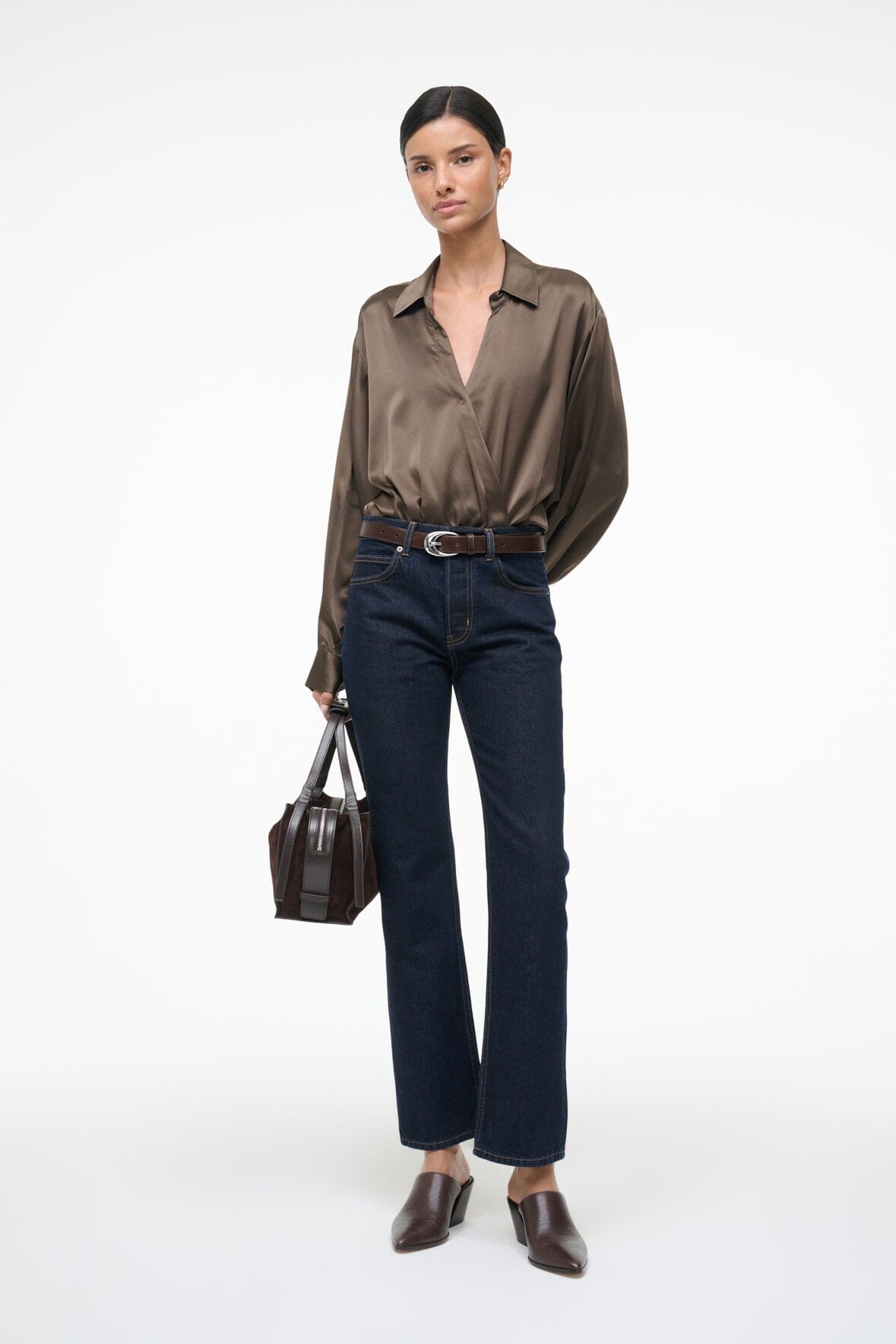 EVE SILK BODYSUIT TAUPE - STAUD for sale