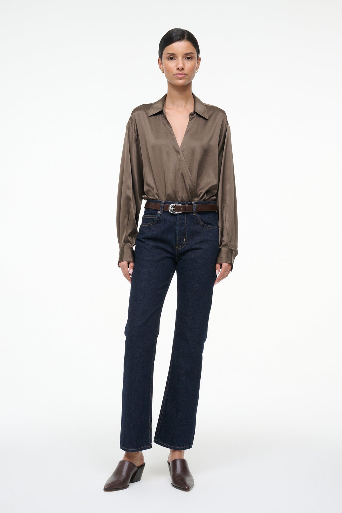 EVE SILK BODYSUIT TAUPE - STAUD for sale