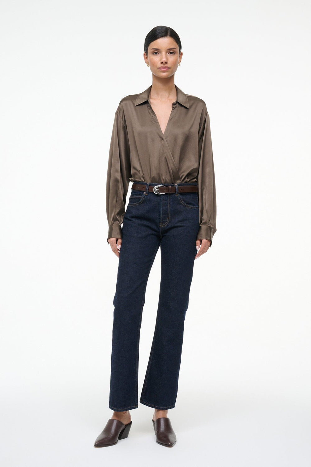 EVE SILK BODYSUIT TAUPE - STAUD for sale